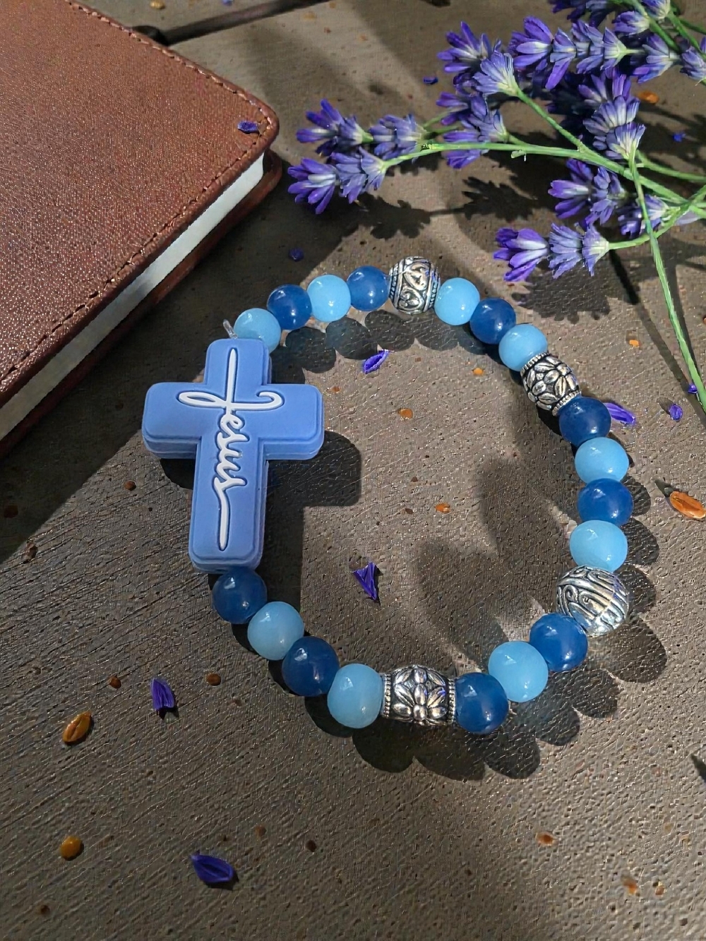Handmade Blue Beaded Cross Bracelet Silver Tone Accents